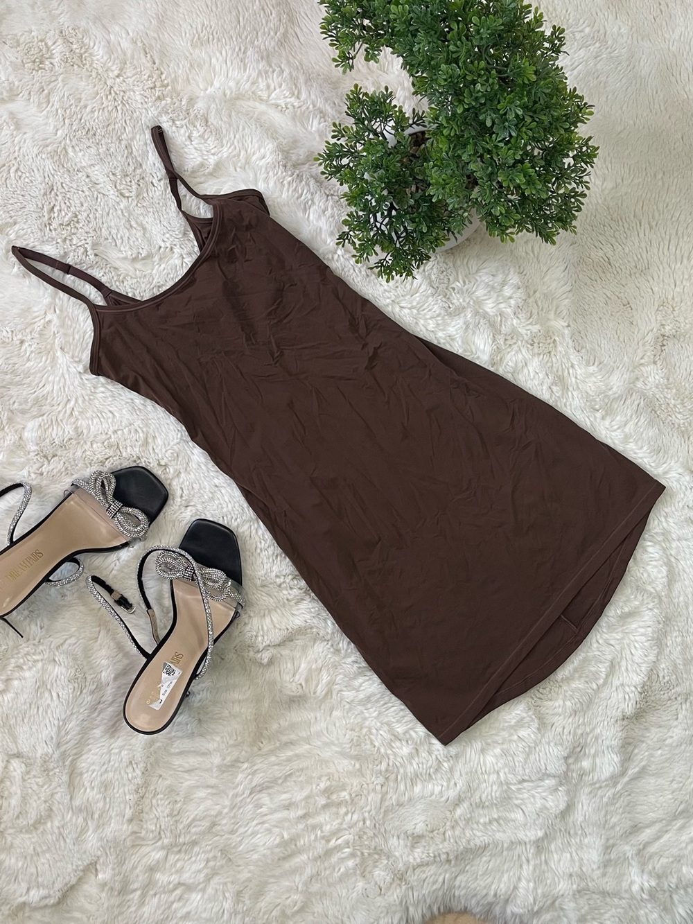 SKIMS Chocolate Brown Slip Mini Dress with Spaghetti Straps
